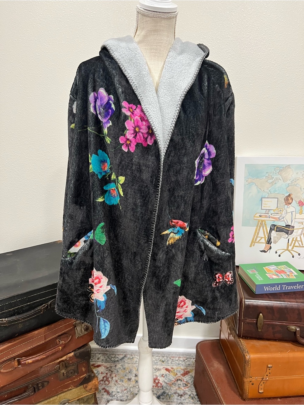 Johnny Was Blooming Sherpa Hoodie Jacket Floral Black Plush XL